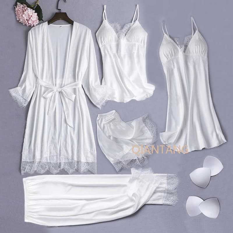 White Silk Pajamas Set Women 5 Pieces Wedding Dress Nightgown Sexy Lace Chemise Nightwear Kimono Dress Dress Lingerie