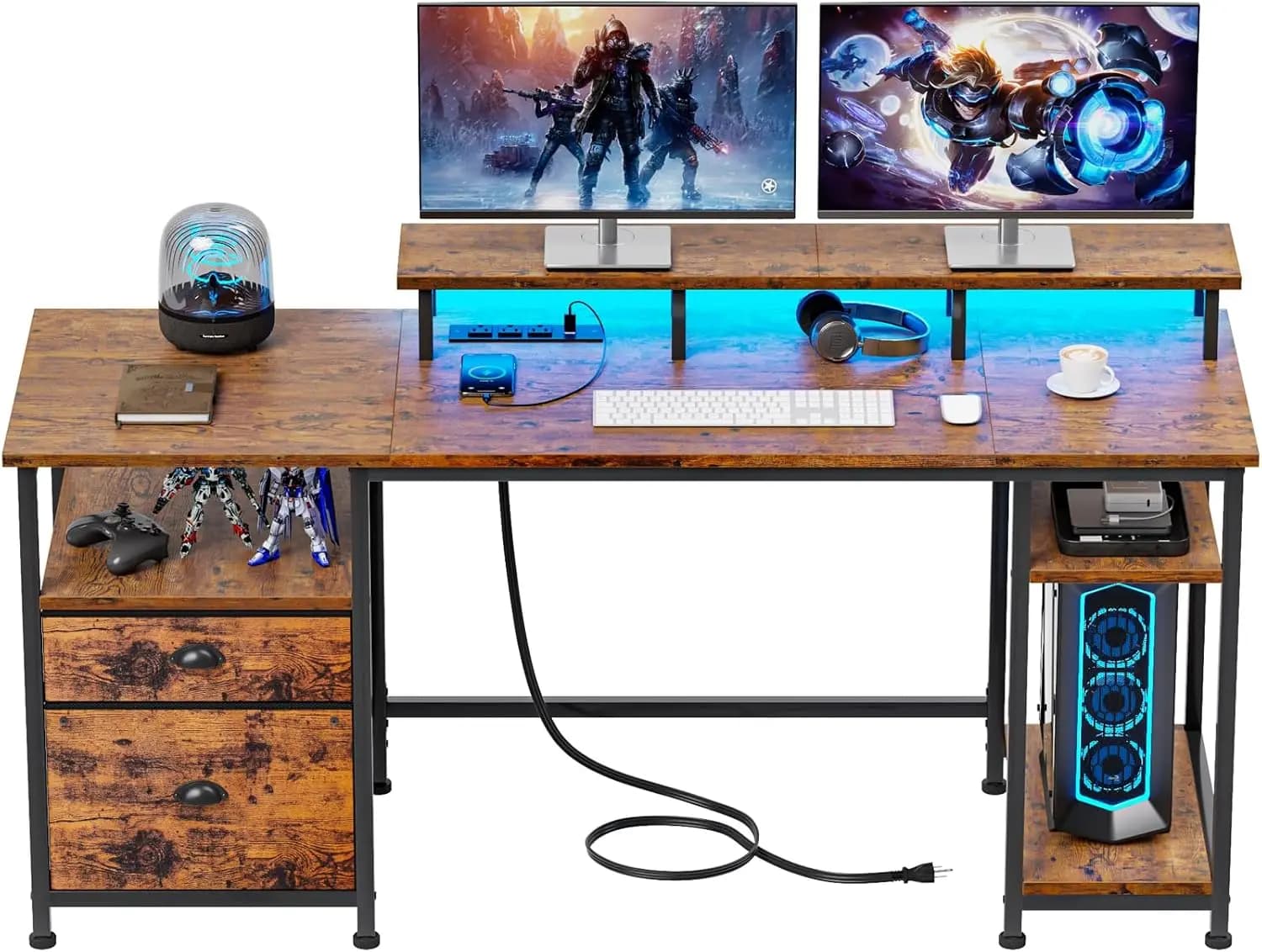 Scrivania per computer da 61 pollici con presa di corrente, luci a LED, schedario e supporto per monitor per tavolo da studio da gioco per ufficio domestico in marrone rustico