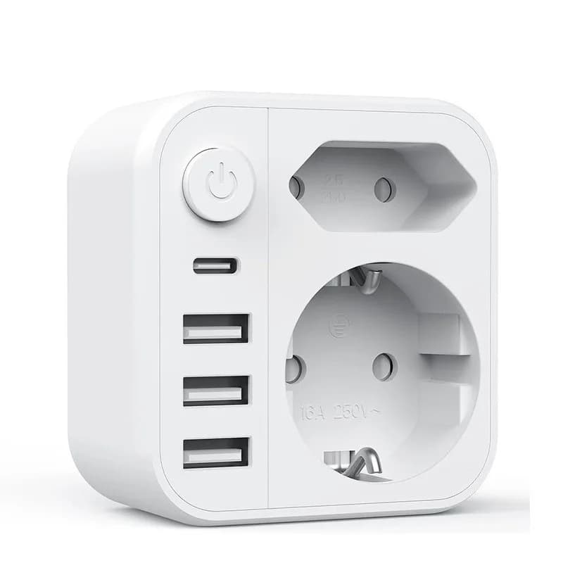 1 presa EU, tipo F, multipresa, spina tedesca 1 IN 6, 3 USB, 1 Type-C, 2 AC, 15W, ricarica rapida, protezione per bambini, certificazione CE, ROSH.