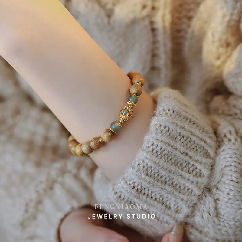 Bracciale in legno di sandalo Donna Mori Antico Zen Perline portafortuna Bracciale per coppia Cerchio singolo Stile etnico Piatto vintage Gioca a mano