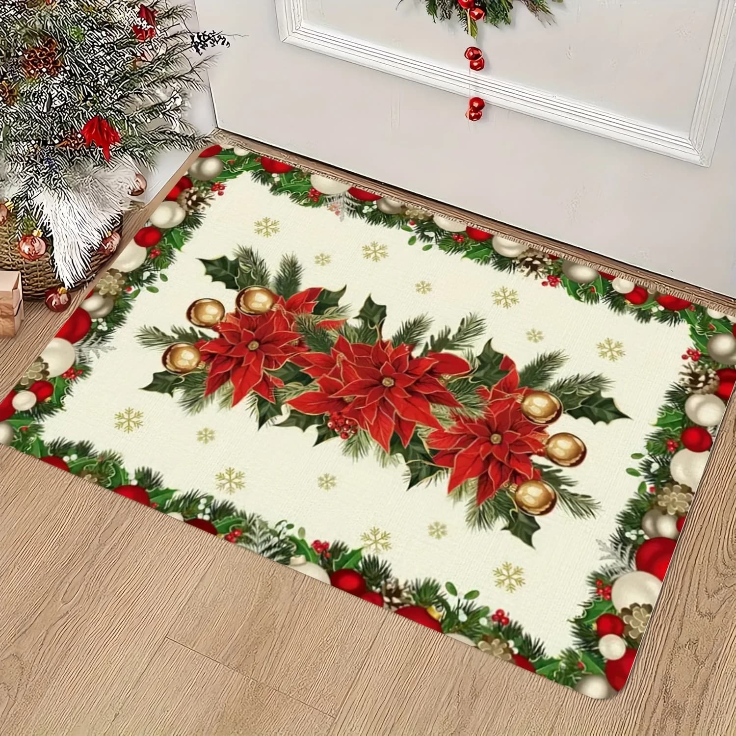 Natale Poinsettia Holly Stampa Zerbino Inverno Palla di Natale Fiocco di neve Tappeto Camera da letto Cucina Tappetino antiscivolo Decorazione natalizia
