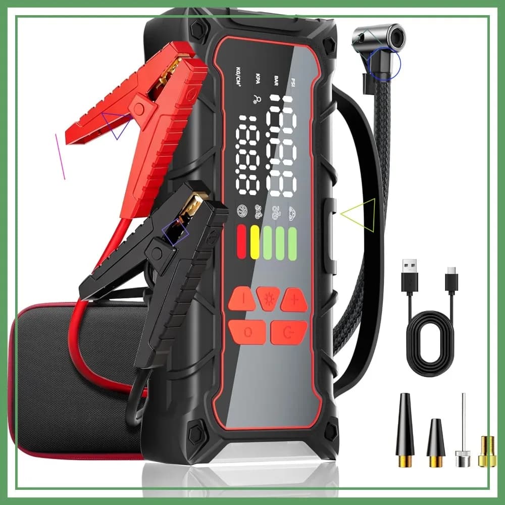 Avviatore di Emergenza per Auto 5000A con Compressore d'Aria 160PSI, per Motori Benzina 7.0L/Diesel 6.0L, Gonfiatore Pneumatici e Power Bank, Cavi di Avviamento