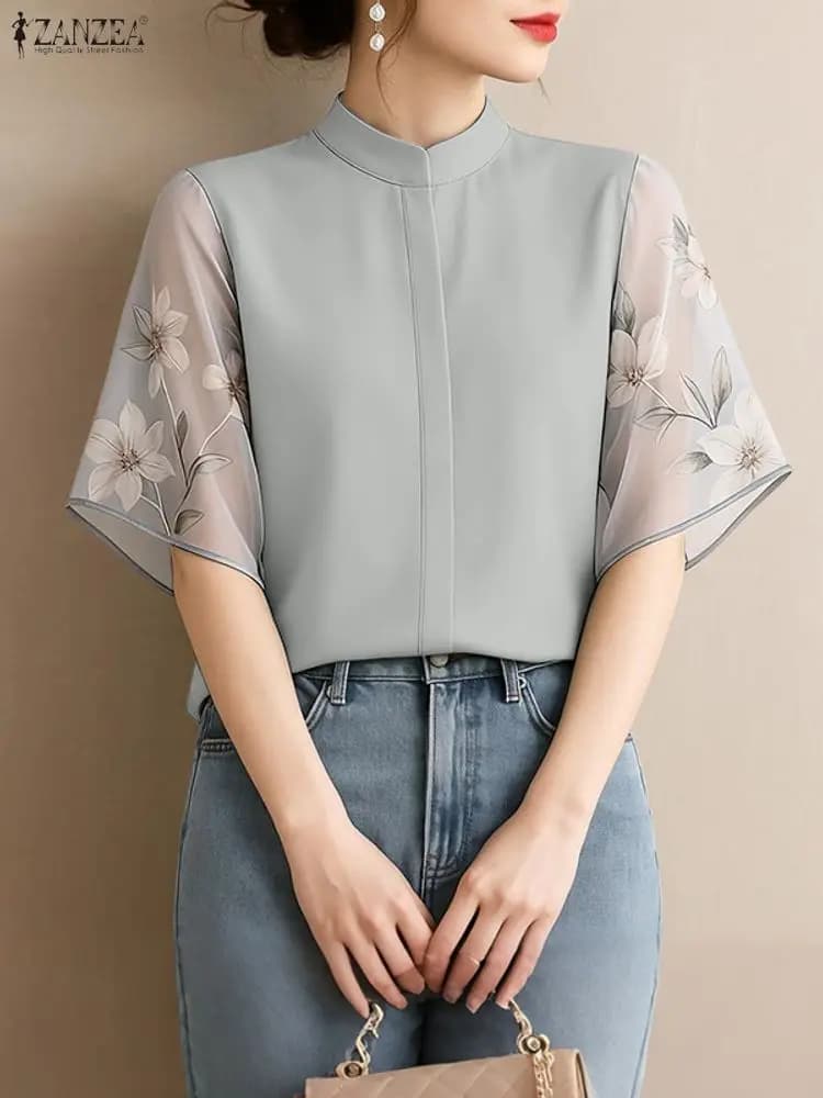 ZANZEA Camicette da donna eleganti Moda Chiffon floreale Patchwork Manica corta Colletto alla coreana Camicie Primavera 2026 Abbigliamento donna S-3XL