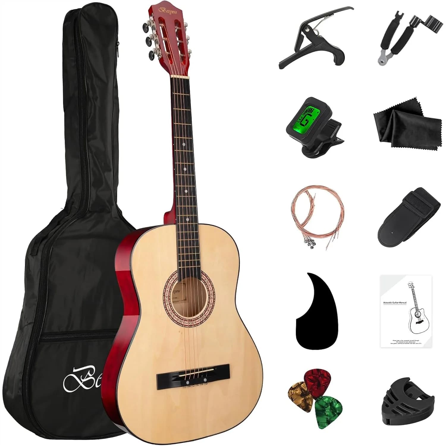Kit per Chitarra Acustica da 38 Pollici con Borsa, Accordatore e Plettri per Principianti, Bambini e Adulti - Legno di Tiglio Naturale