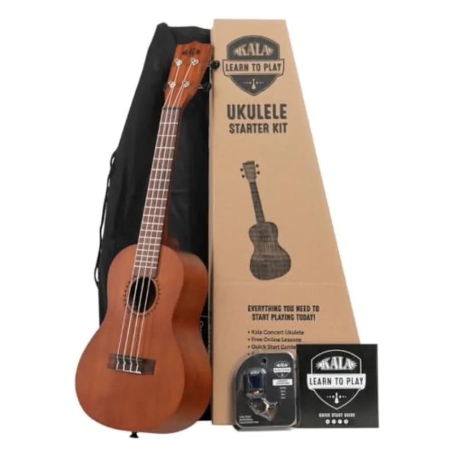 Kit per Principianti Ukulele Concerto in Mogano Satinato con Lezioni Online, App Accordatore e Libretto per Principianti