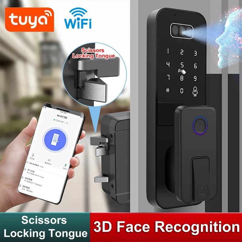 Serratura Elettronica Intelligente per Esterni con Riconoscimento Facciale 3D, Impermeabile, con Impronta Digitale, App Tuya WiFi, Codice, Carta RFID, Senza Chiave