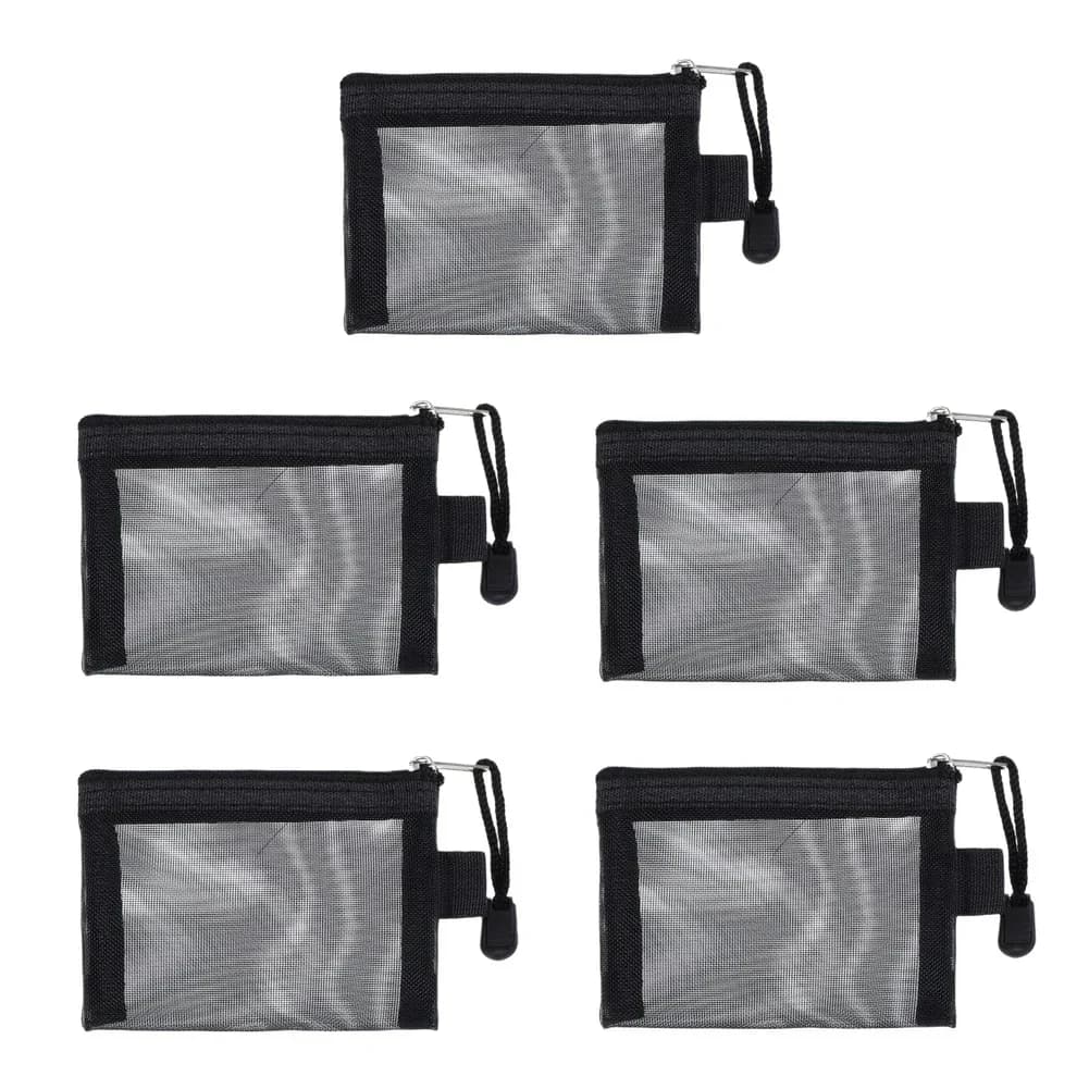 Set di 5 Borse Portatili con Cerniera in Rete, Organizer per Cosmetici in Nylon Trasparente per Viaggi, Lavoro, Scuola, Confezione Nera
