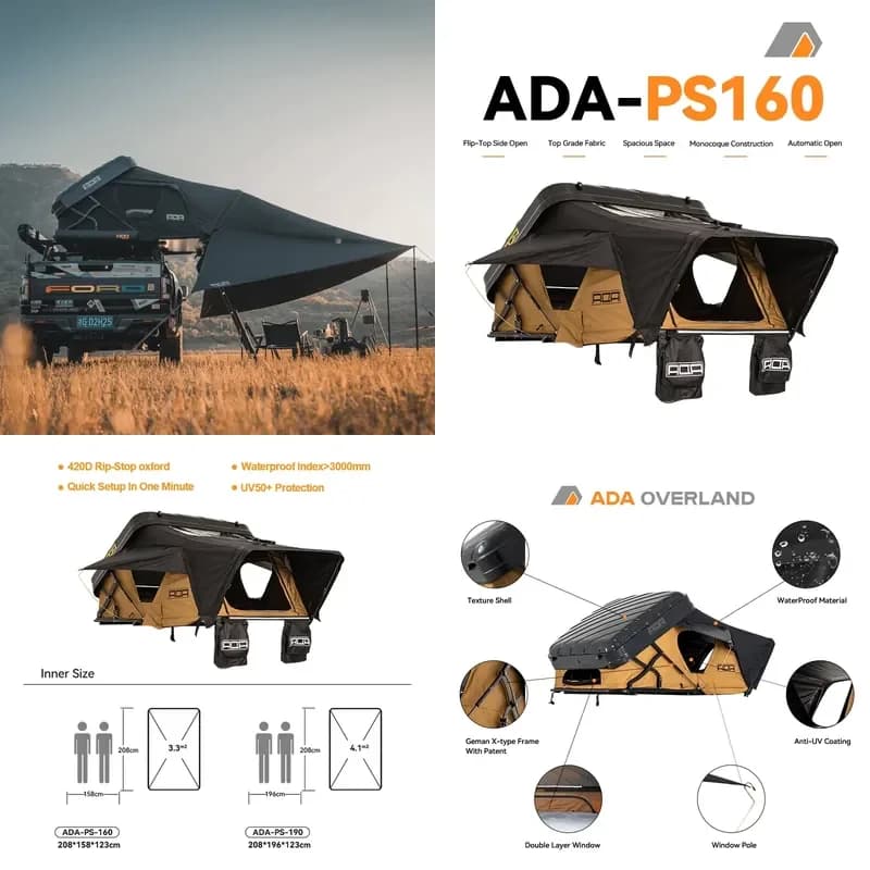 ADA OVERLAND Wholesale Price Hard Shell 4x4 Waterproof Roof Top Tent Outdoor Camping Tent Set for 3-4 Person 160 and 190
