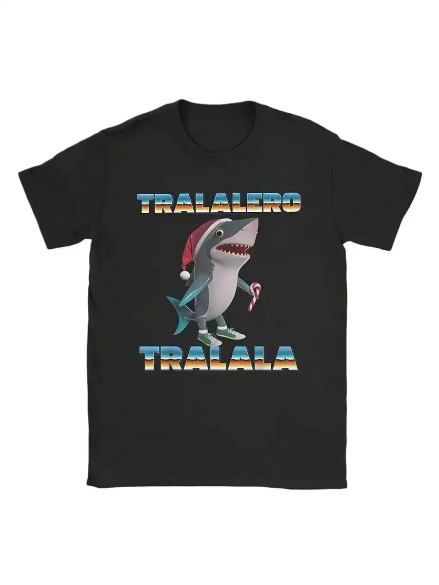 Magliette Natalizie da Uomo in Cotone a Maniche Corte con Memes Italiani 'Tralalero Tralala' - Regalo Perfetto