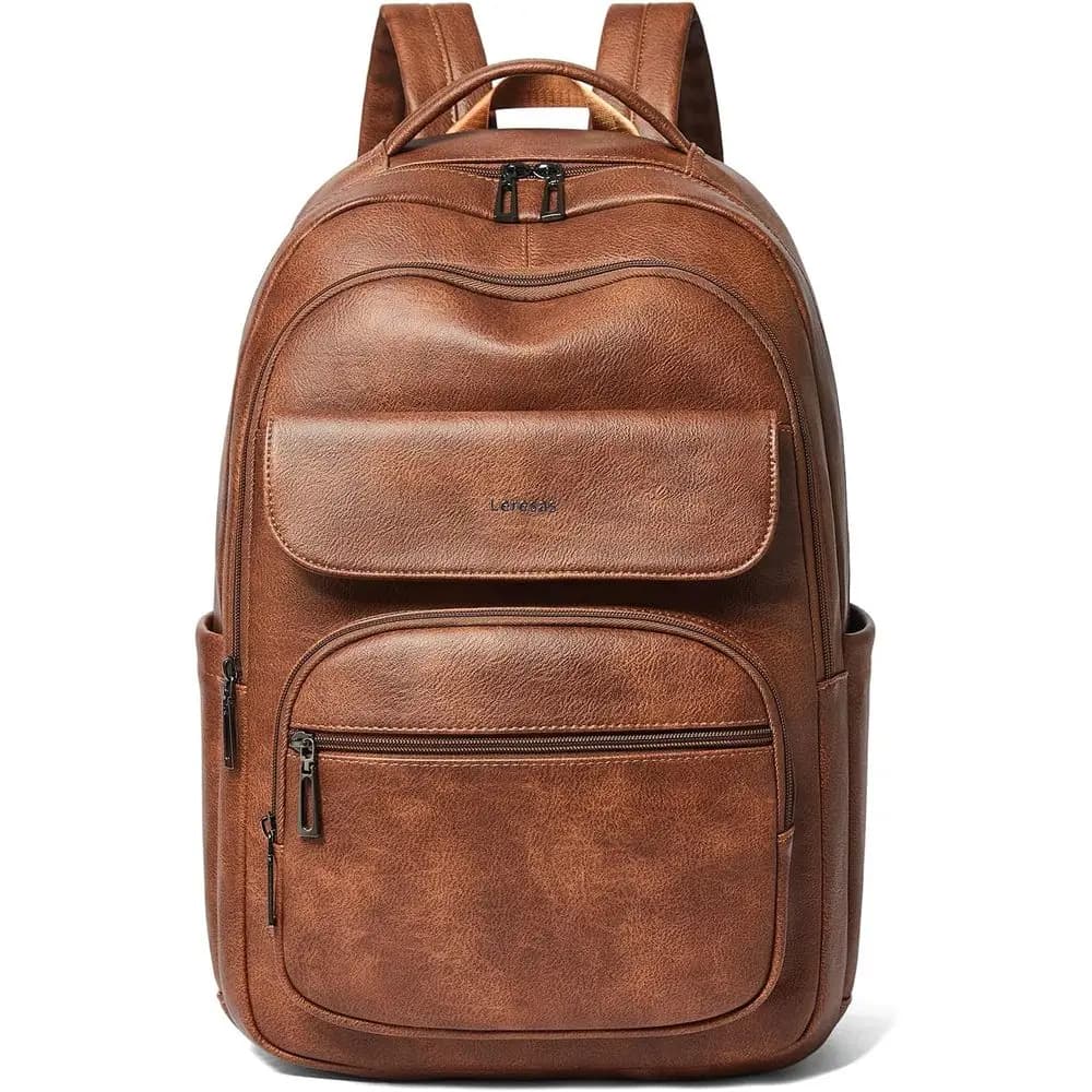 37L Vegan Leather Backpack for Travel, Work, and College - Unisex Laptop Daypack in Brown
