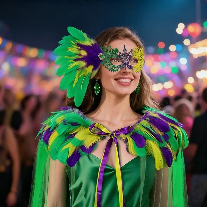 Set Half Face Mask with Feather and Mantellina, Three Color Feather for Carnival Costume and Role Games