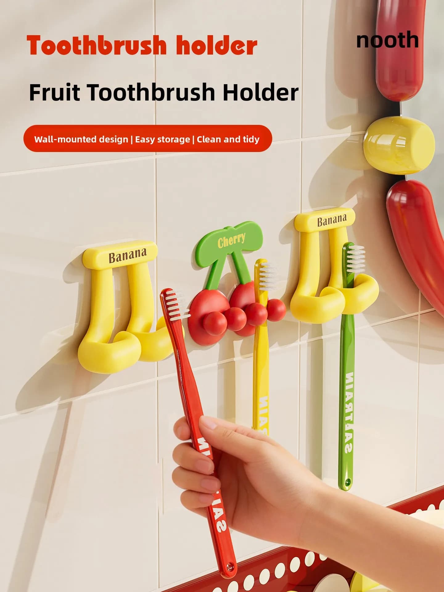 Nooth Wall-Mounted Toothbrush Holder Bathroom Silicone Storage Rack Drill-Free Toothbrush Organizer Shelf for Tile Wall