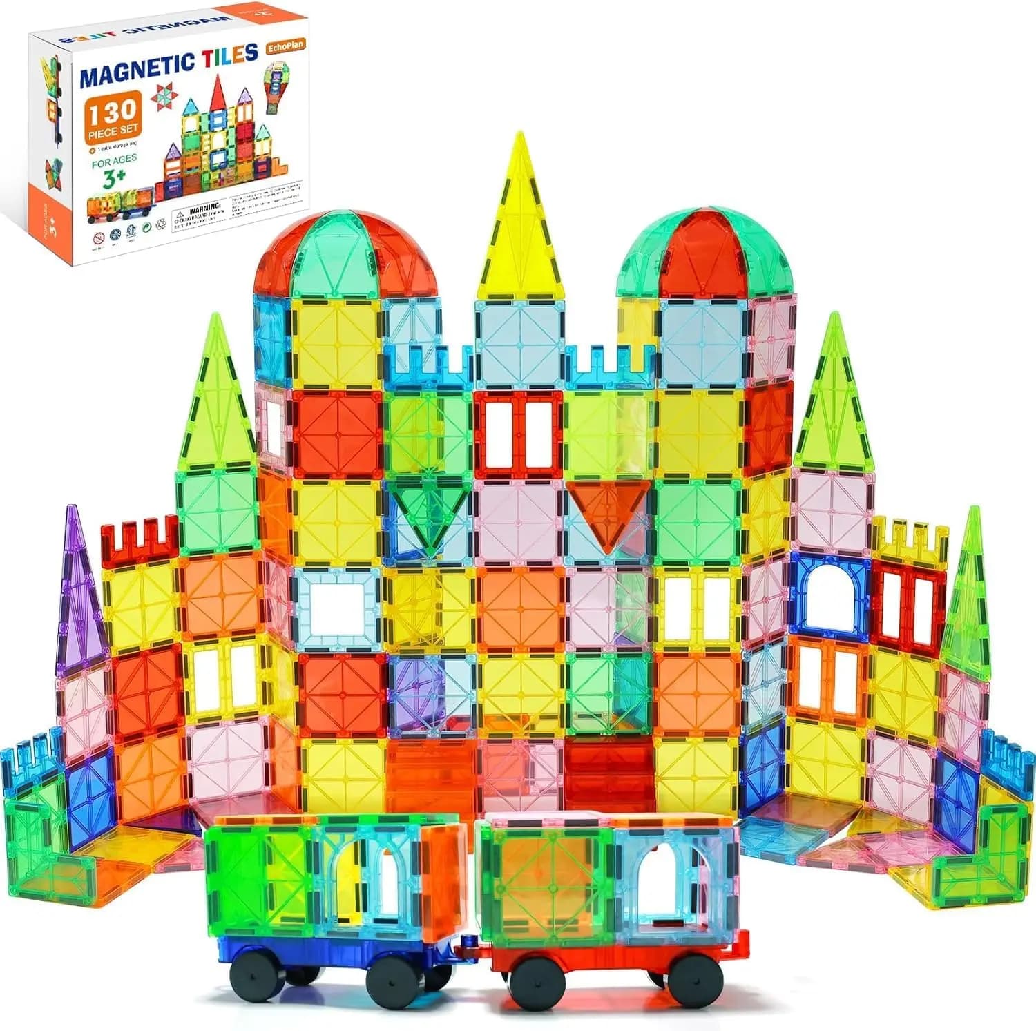Set di 130 Piastrelle Magnetiche con 2 Auto, Blocchi da Costruzione Trasparenti, Giocattoli Educativi STEM per Bambini dai 3 ai 9 Anni