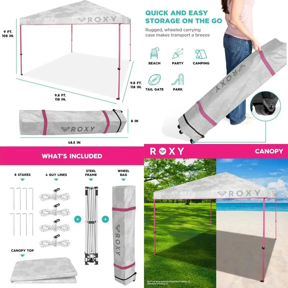 Tettuccio pop-up 10x10 a configurazione rapida - Riparo esterno portatile per spiaggia, picnic, campeggio - Rosa caldo/Bianco con borsa con ruote