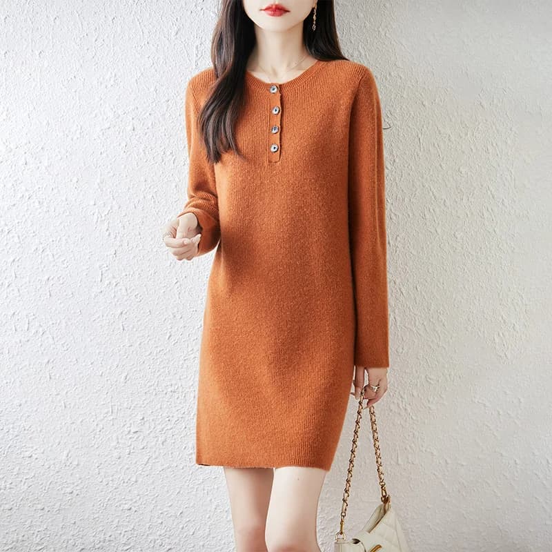 Autunno/Inverno Nuovo abito in pura lana al 100% Gonna in cashmere a maniche lunghe da donna con quattro bottoni di ago Yuanbao