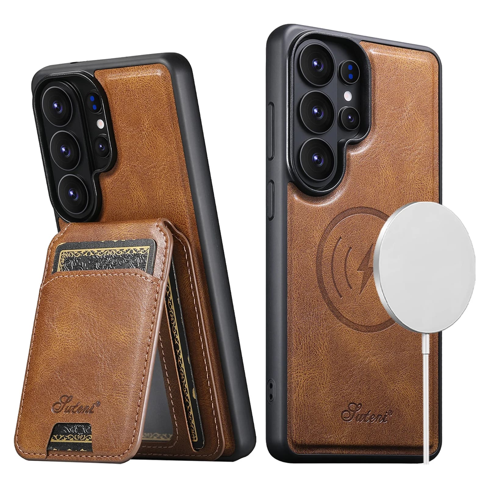 SUTENI Phone Case with wireless charging, in leather, with magnetic card holder and photo frame, for Samsung Galaxy S26 Ultra S25 Plus