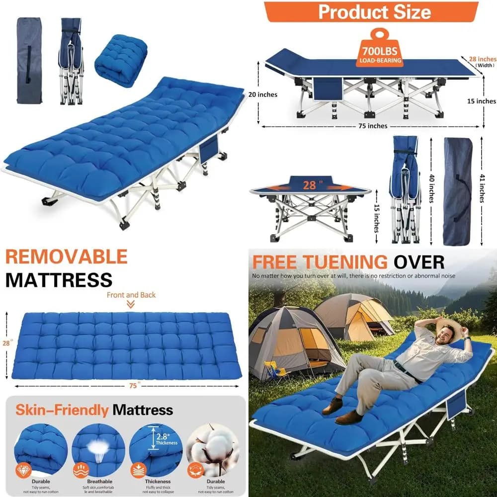 Foldable camping cot with comfortable and durable mattress with carrying bag for outdoor sleeping and hiking adventures