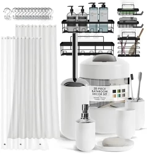 Set da bagno Clara Clark da 25 pezzi con portaoggetti per la doccia, spazzola per WC, dispenser per sapone e altro ancora - Bianco