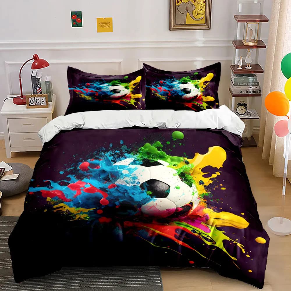 Set di biancheria da letto con stampa di palloni da calcio con vernice colorata, 1 copripiumino, 2 federe per adulti e bambini, regalo di lusso, misura completa