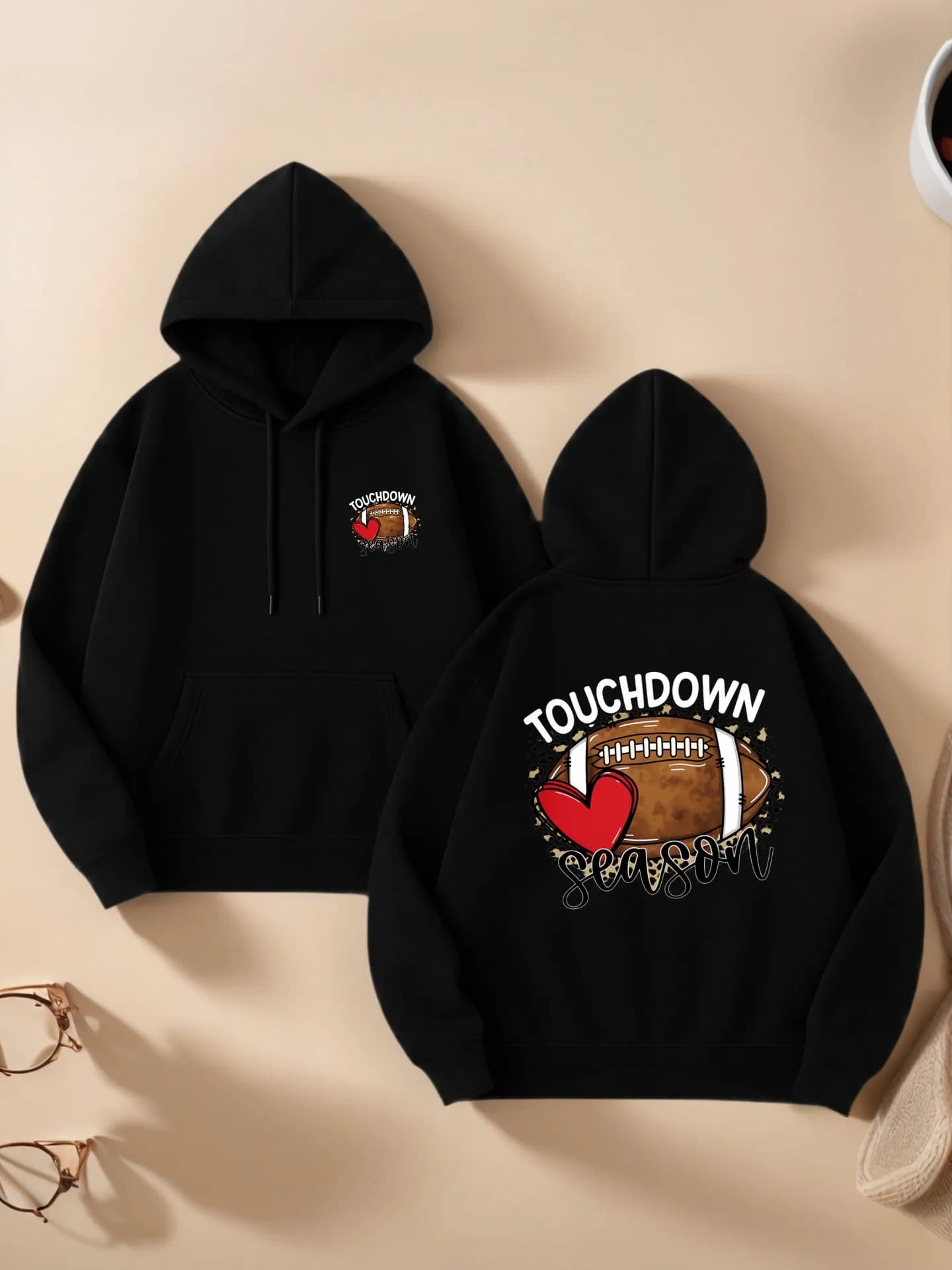 Felpa con cappuccio essenziale con stampa grafica a cuore da calcio, stile estetico casual, tessuto in pile, abbigliamento casual quotidiano, per adolescenti