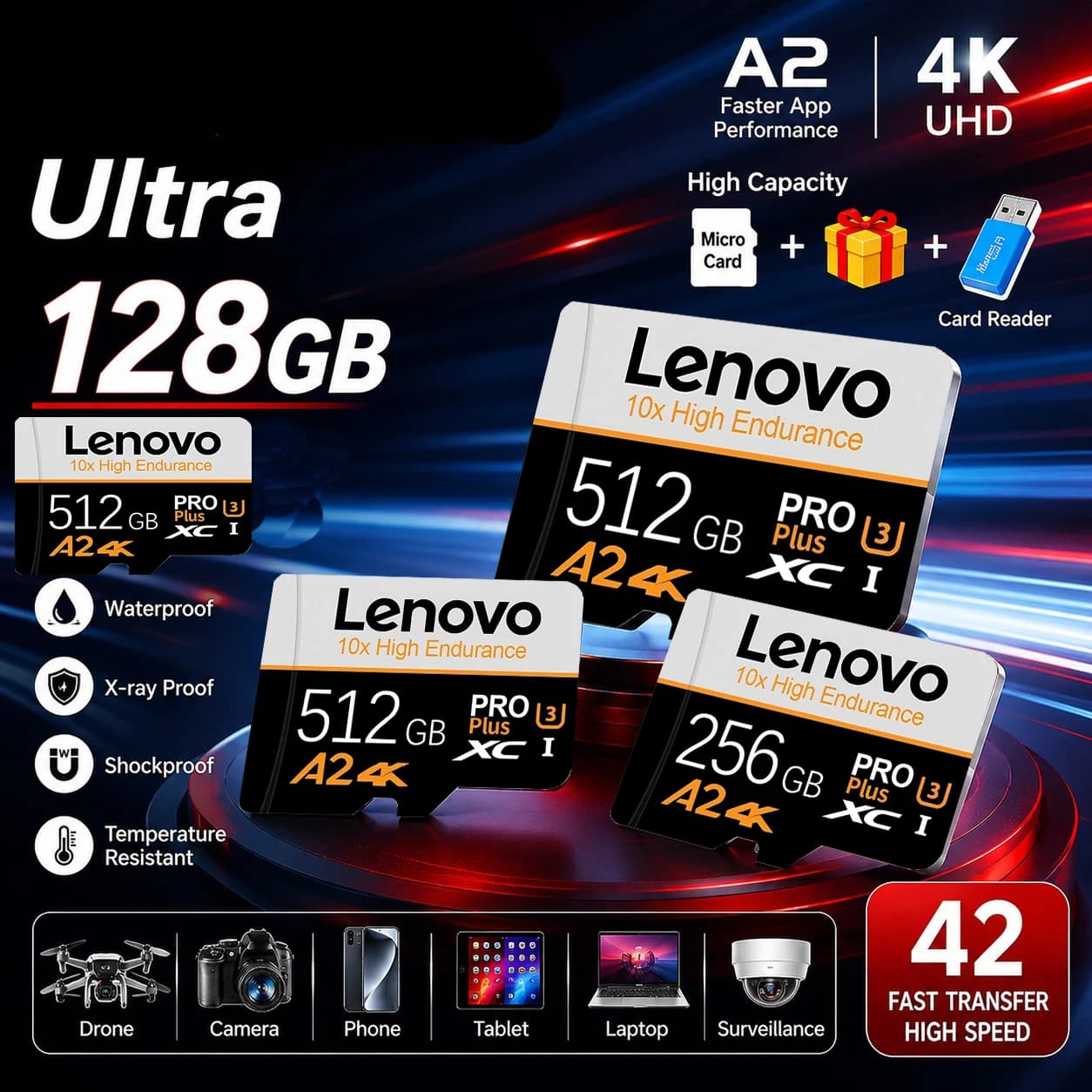 Original Lenovo Micro TF/SD XC Memory Card 100MB/s UHS-I Class10 16GB 32GB 64GB 128GB 256GB 512GB for Sony 4K U3 SD Flash Card