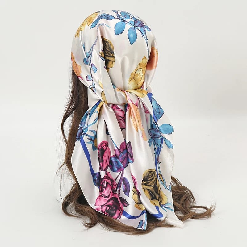 New Raso Square Scarf with Spring Floral Print for Women, Hijab Muslim, Silk Scarf, Collar Scarf, Wrap Scarf, Hairband, Bandana, Turbante