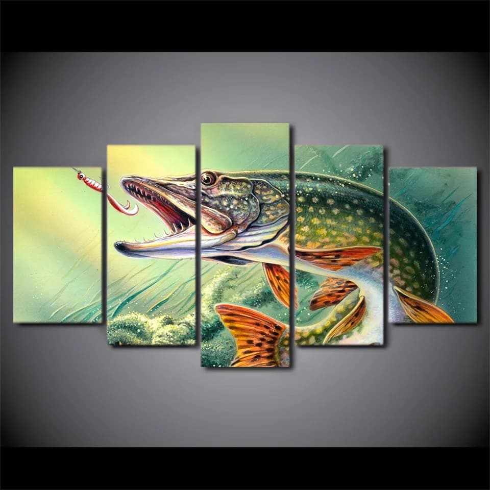 Frameless 5 Pieces Fishing With Love Pike Fish Wall Art Poster Images Paintings Home Decoration Accessories Living Room Decoration
