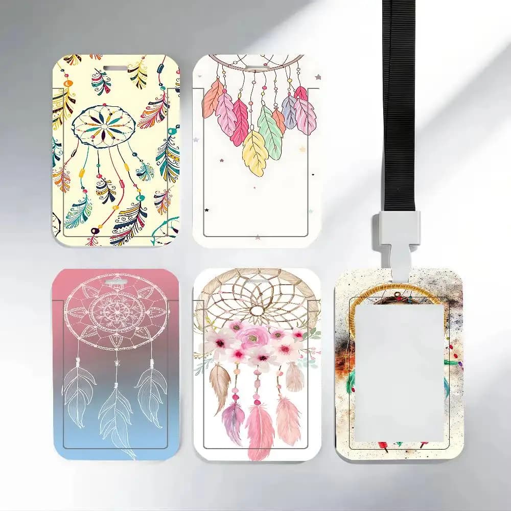 Dream Catcher Drawings Feather Owl ID Card Holder PVC Badge Holder Cartoon Card Cover Student ID Bus Card Case with Clear Window