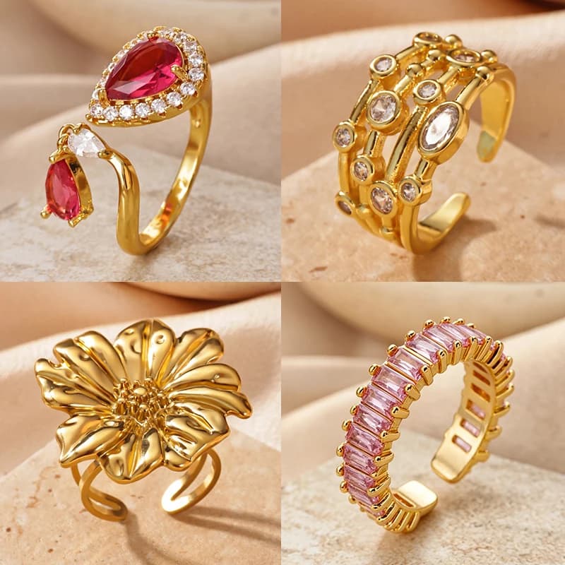 Anelli Geometrici di Lusso con Zirconi a Goccia per Donne, Placcati in Oro 18K, Anello a Fiore Estetico, Gioielli alla Moda per Matrimoni e Feste