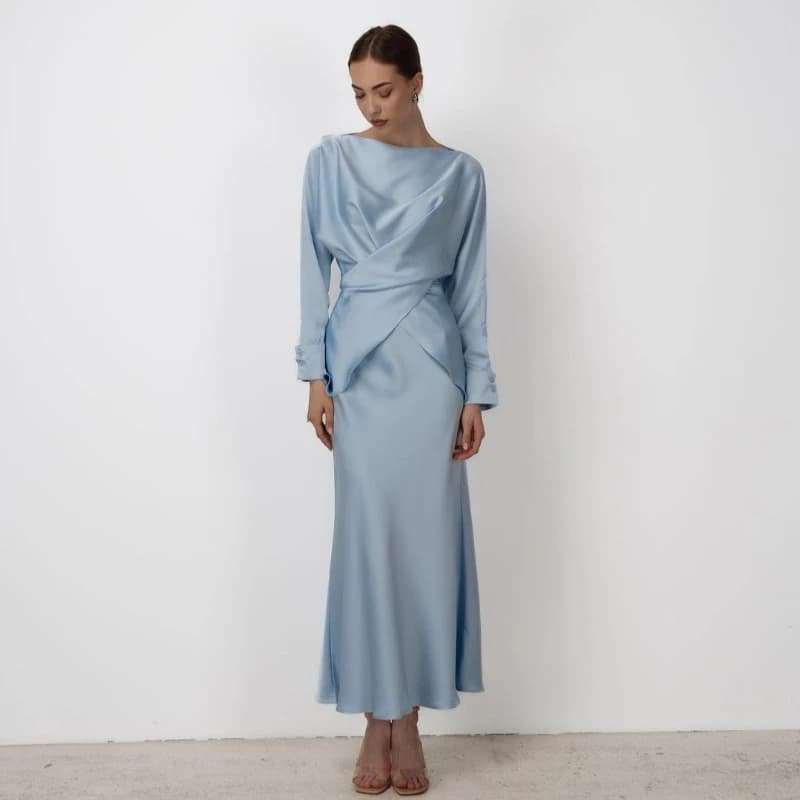 Elegante camicetta con lacci chic Top e gonna lunga Abito a maniche lunghe Completi in 2 pezzi Temperamento casual Set da donna in raso tinta unita