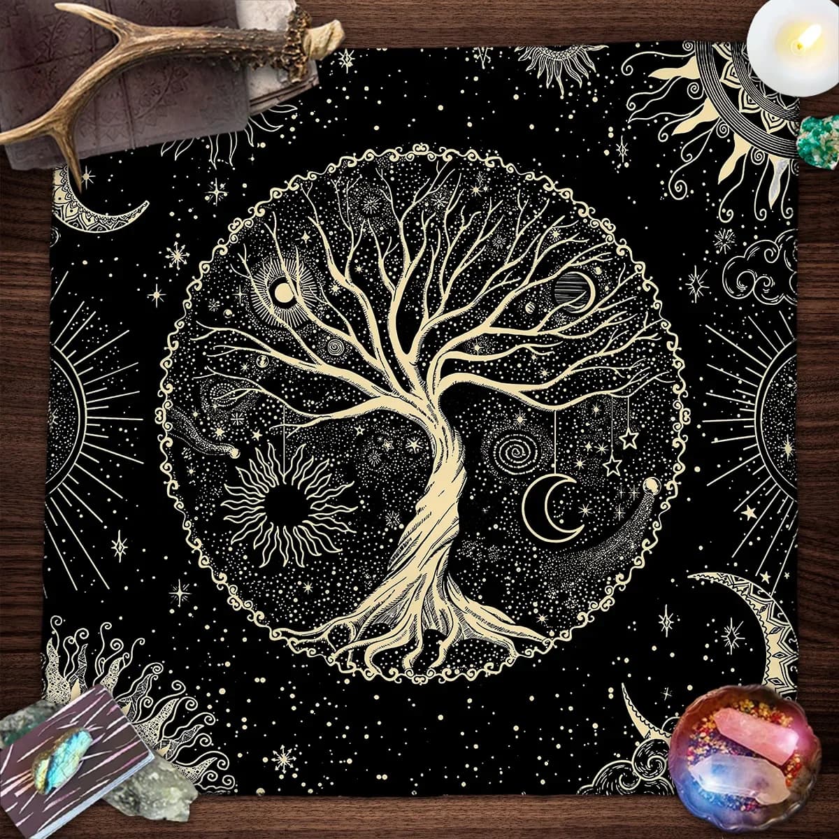 Tovaglia per carte dei tarocchi dell'albero della vita Tovaglia per piante con fasi lunari per tarocchi Strega Wicca Panno per altare Panno per divinazione