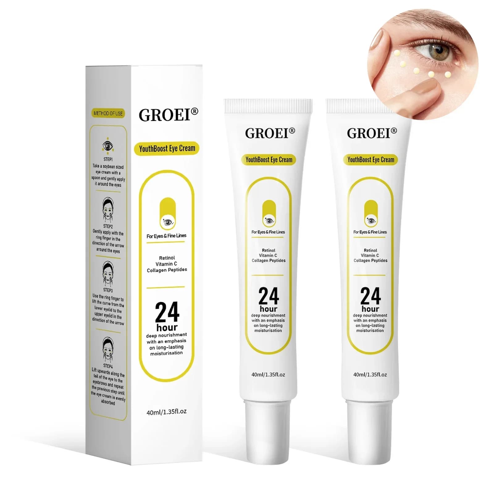 Crema Contorno Occhi Antirughe con Applicatore a Sfera Massaggiante, Riduce Gonfiore e Occhiaie, Siero Rassodante e Idratante ad Assorbimento Rapido
