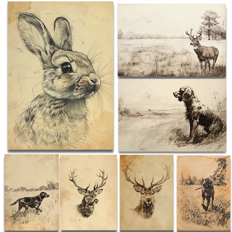 Classic Rabbit Deer Dog Fish Duck Sketch Posters Print Canvas Painting Modern Farmhouse Wall Art Picture Office Home Decor Gifts