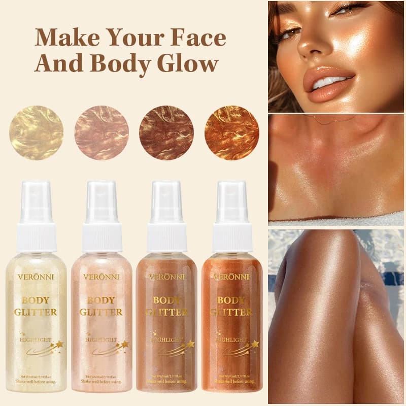 Body Glitter Shimmer Spray Liquid Highlighter Glow Bronzer Oil For Face Body Hair Waterproof Sparkle Makeup For Party Beach Dail