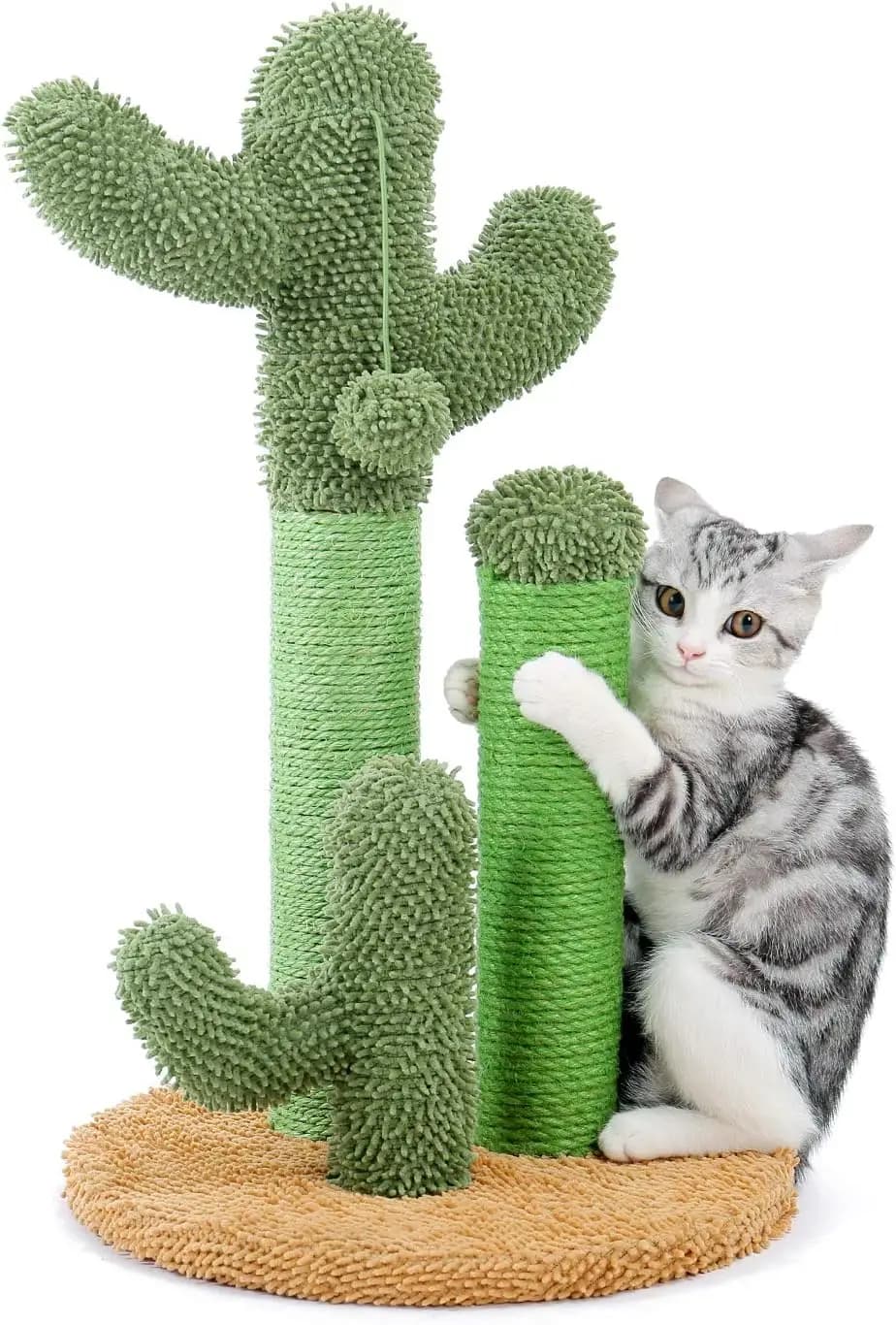 Tiragraffi per Gatti a Forma di Cactus con 3 Pali e Palla Interattiva Pendente - Medio 23 Pollici