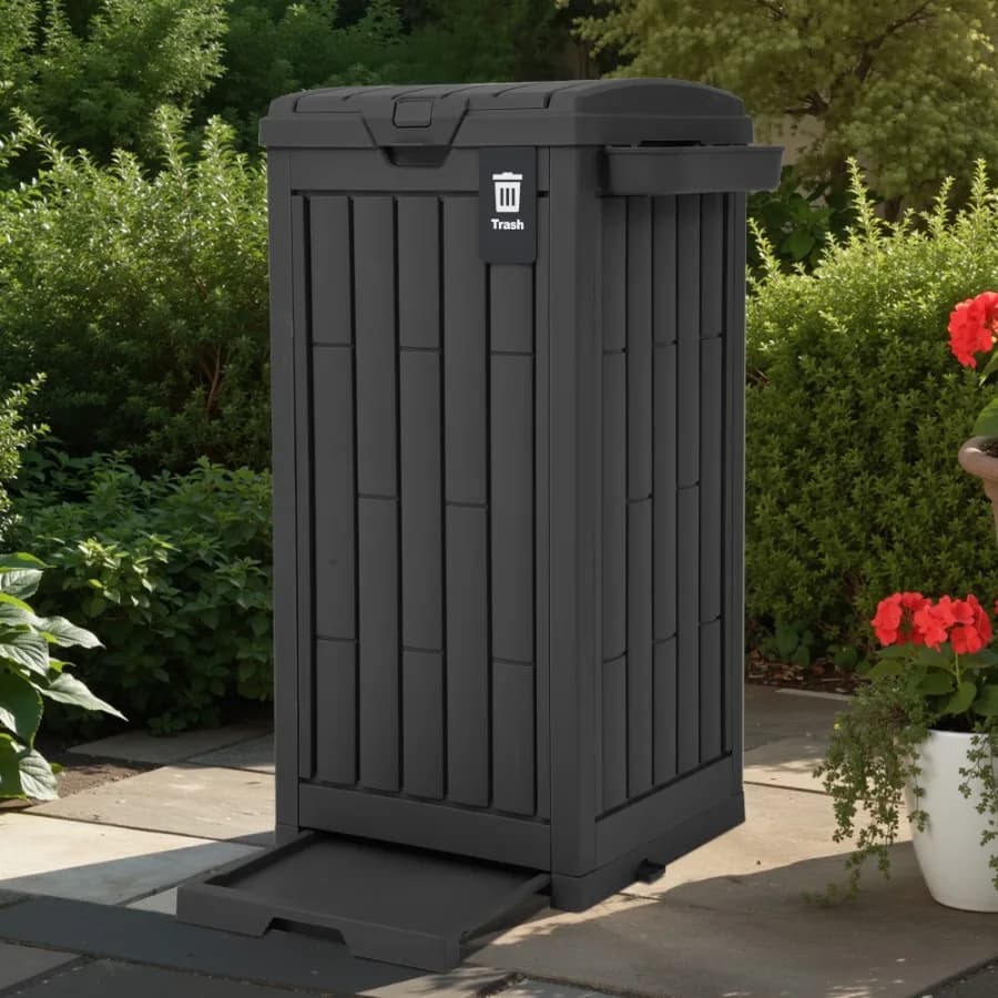 Cestino per rifiuti da esterno in resina da 38 galloni con coperchio per patio, giardino e cortile, include etichette per la raccolta differenziata, supporto per cenere, picchetti e ventose