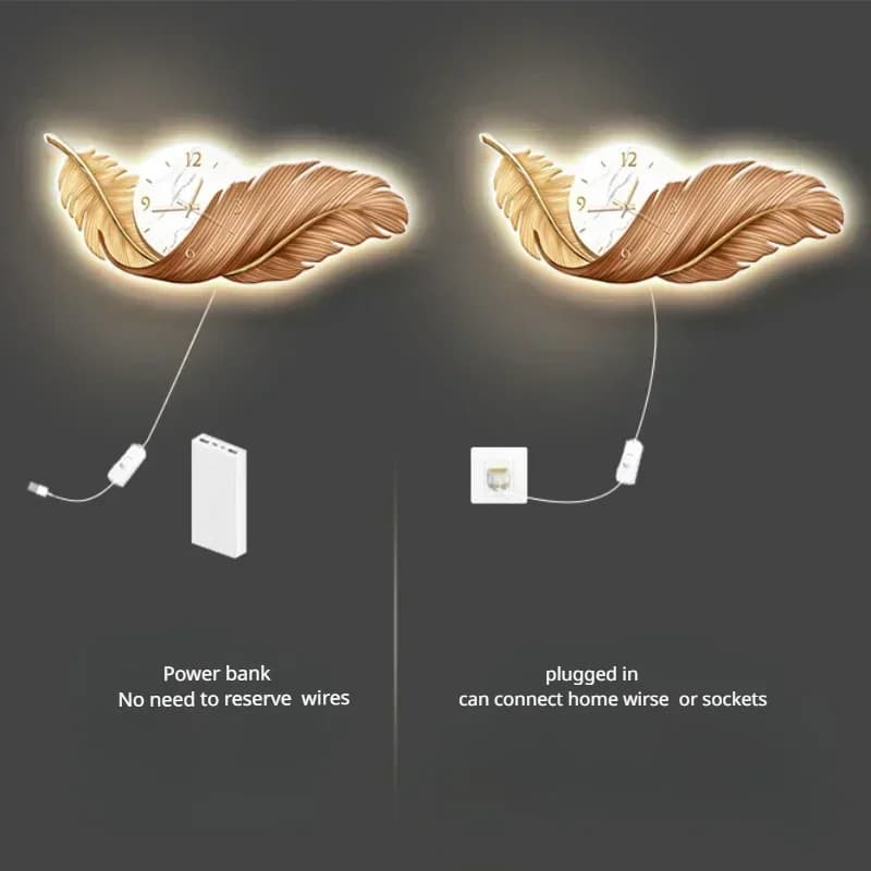 Orologi d'Arte LED, Orologio da Parete di Lusso, Grande Decorazione per Soggiorno, Orologio Silenzioso con Piume, Decorazione per la Casa