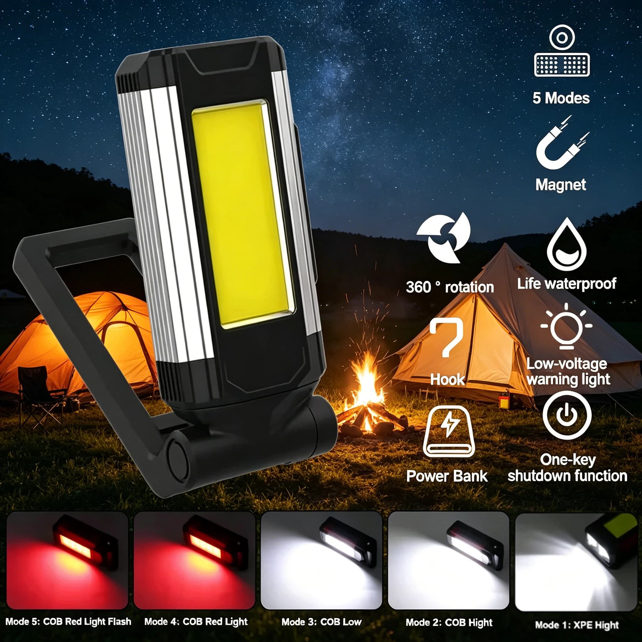 Magnetic COB Work Light USB Rechargeable LED Flashlight Portable Lantern Camping Light Type-C Power Bank Function Lamps