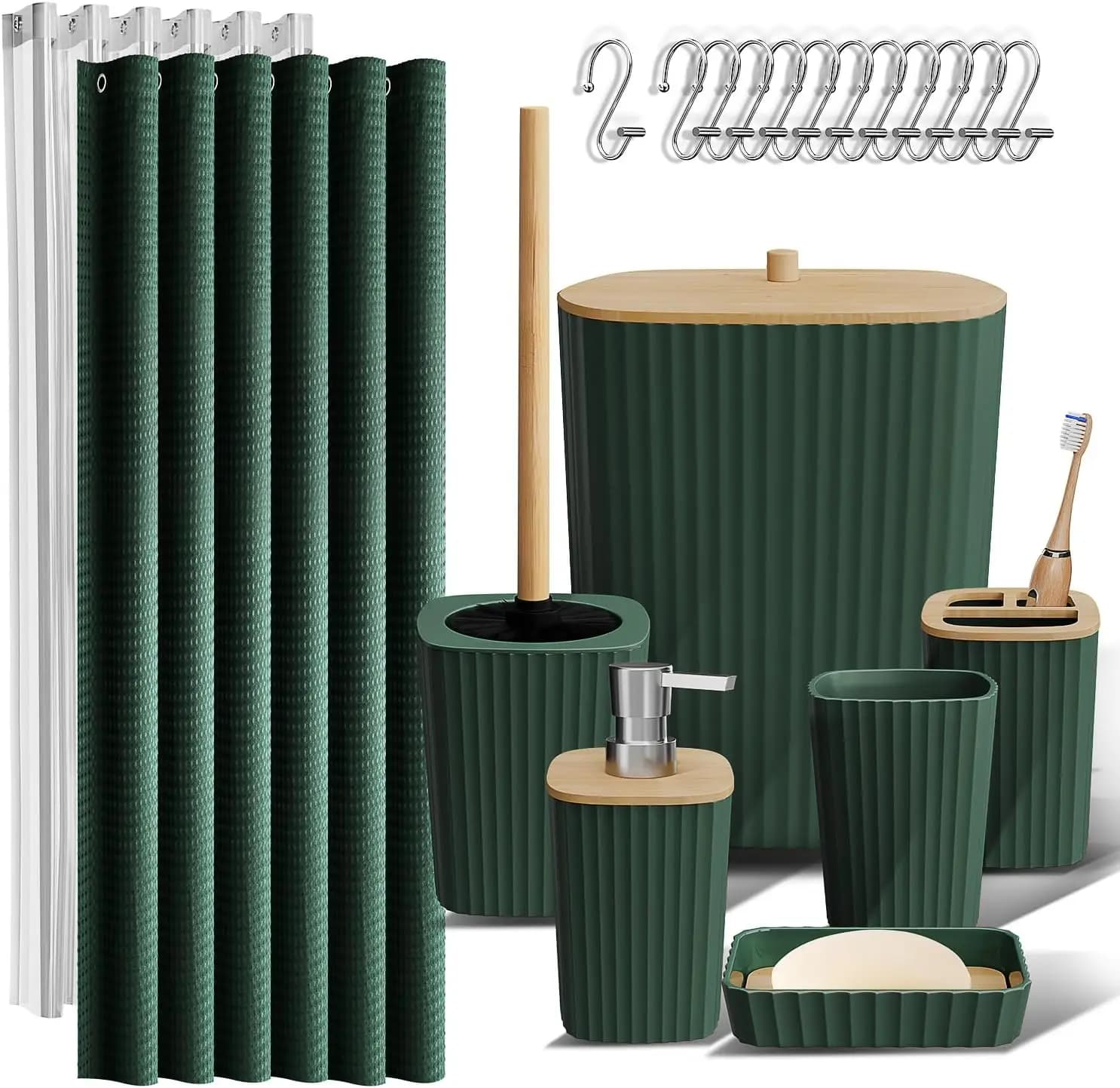 Set di Accessori per Bagno Verde con Tenda Doccia, Scopino per WC, Cestino e Dispenser Sapone - 20 Pezzi