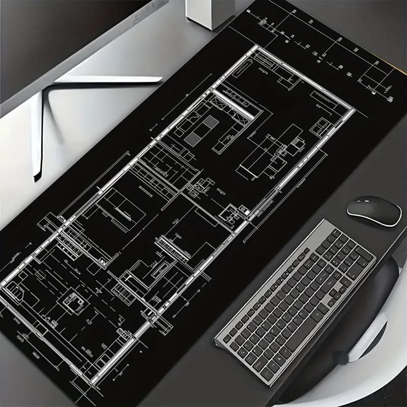 Tappetino per mouse grande bianco e nero con disegni tecnici, antiscivolo, per scrivania, casa, architetti, gadget da scrivania, decorazione PC, tappetino da gaming, ufficio