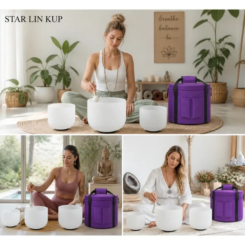 STAR LIN KUP 3PCS Frosted Crystal Singing Bowls Set 7G 9E 11C 440Hz Sound Healing Meditation Yoga Chakra Balance with Bag