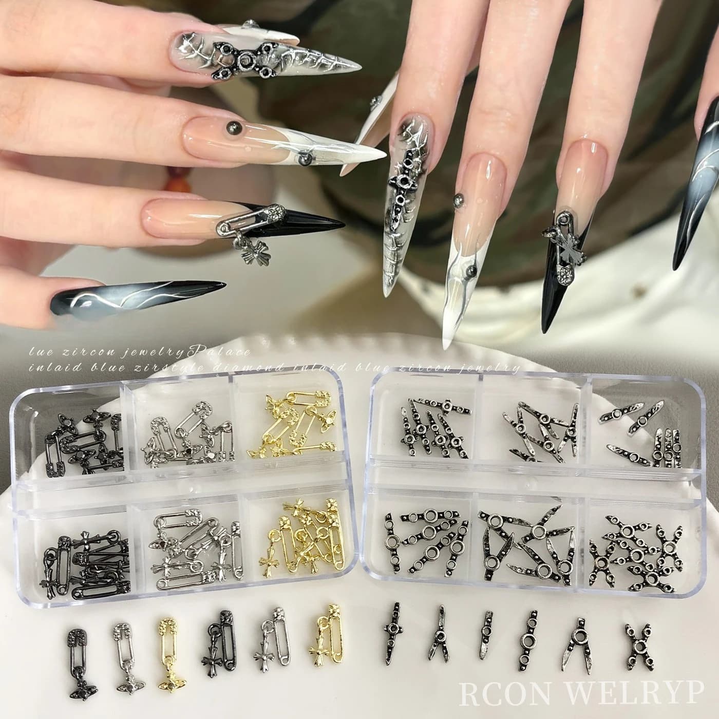 1Pcs 6‑Grid Cross Safety Pin Nail Kit, Metal Stud Pendants Ornaments for DIY Press On Nails Manicure Accessories
