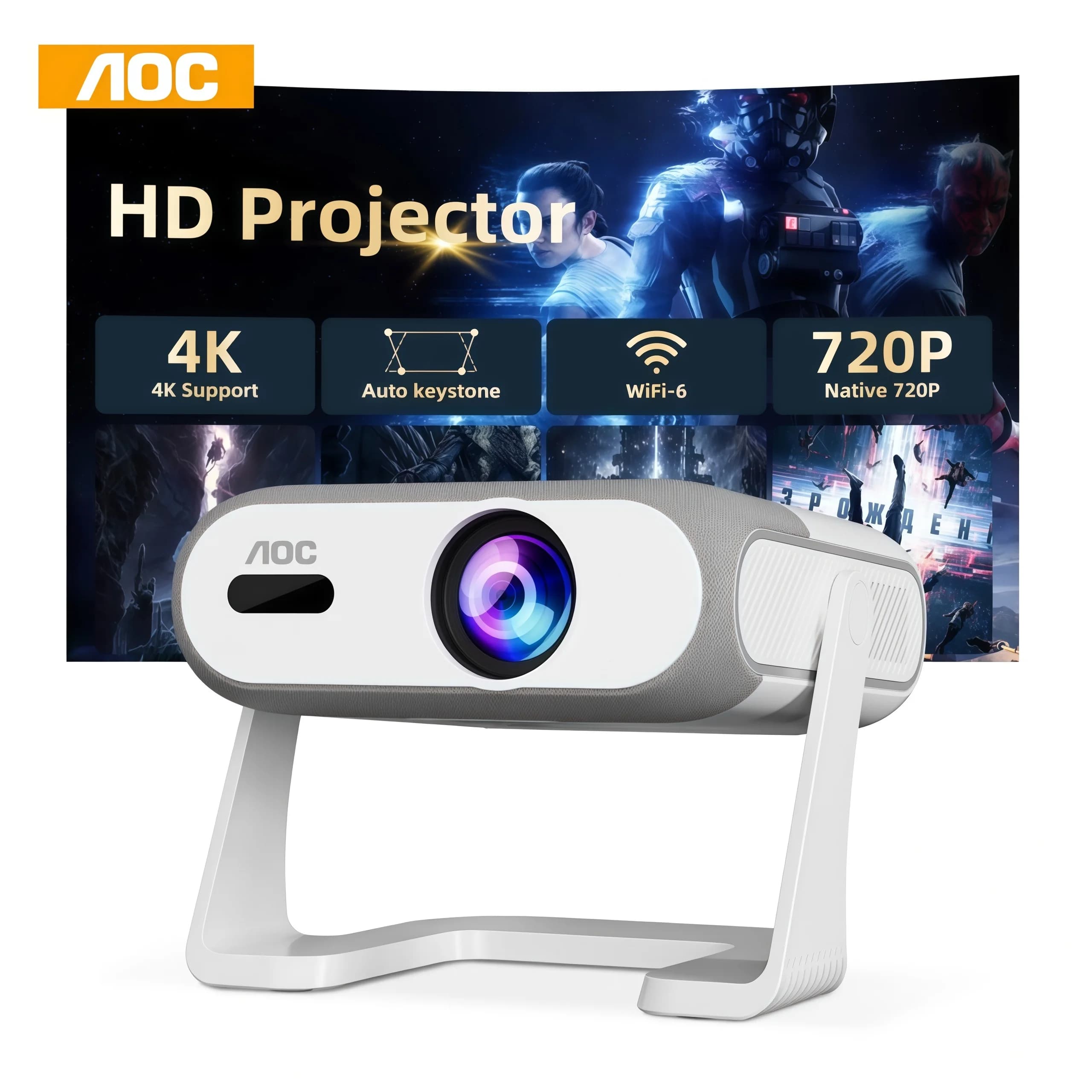 AOC HA116 Mini Projector WiFi 6 Native 720P Supports 4K 290ANSI Android 14 Auto Focus Keystone RGB Light Wireless Mirroring USB