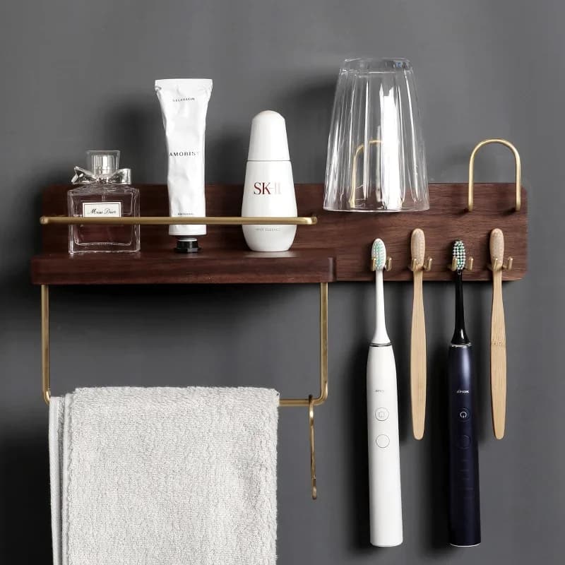Electric hanger holder in black walnut Multifunctional storage for cloaks and paper towels for the bathroom