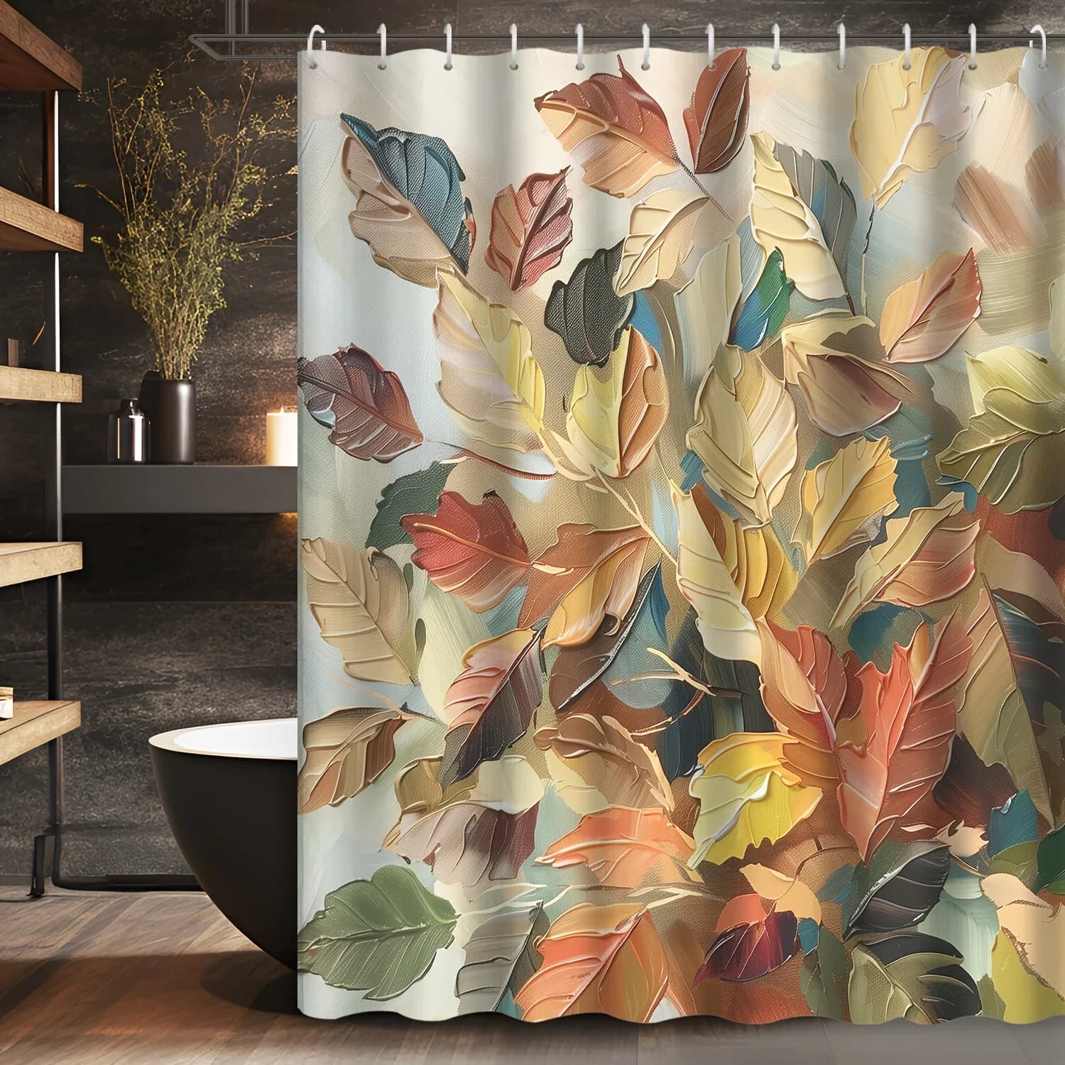 Tenda da doccia con foglie autunnali con vivaci colori autunnali per l'arredamento del bagno. Il tessuto impermeabile include ganci