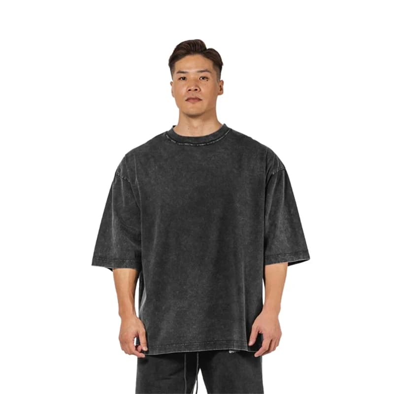 T-shirt lavata 230G 100 cotone solido oversize allentato fitness uomo tee top spalle scese manica corta palestra bodybuilding camicie