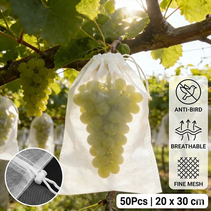 50Pcs 20x30cm Garden Fruit Protection Bags for Grapes Mesh Bags Against Insect Pest Bird Proof Drawstring Plant Net Bags