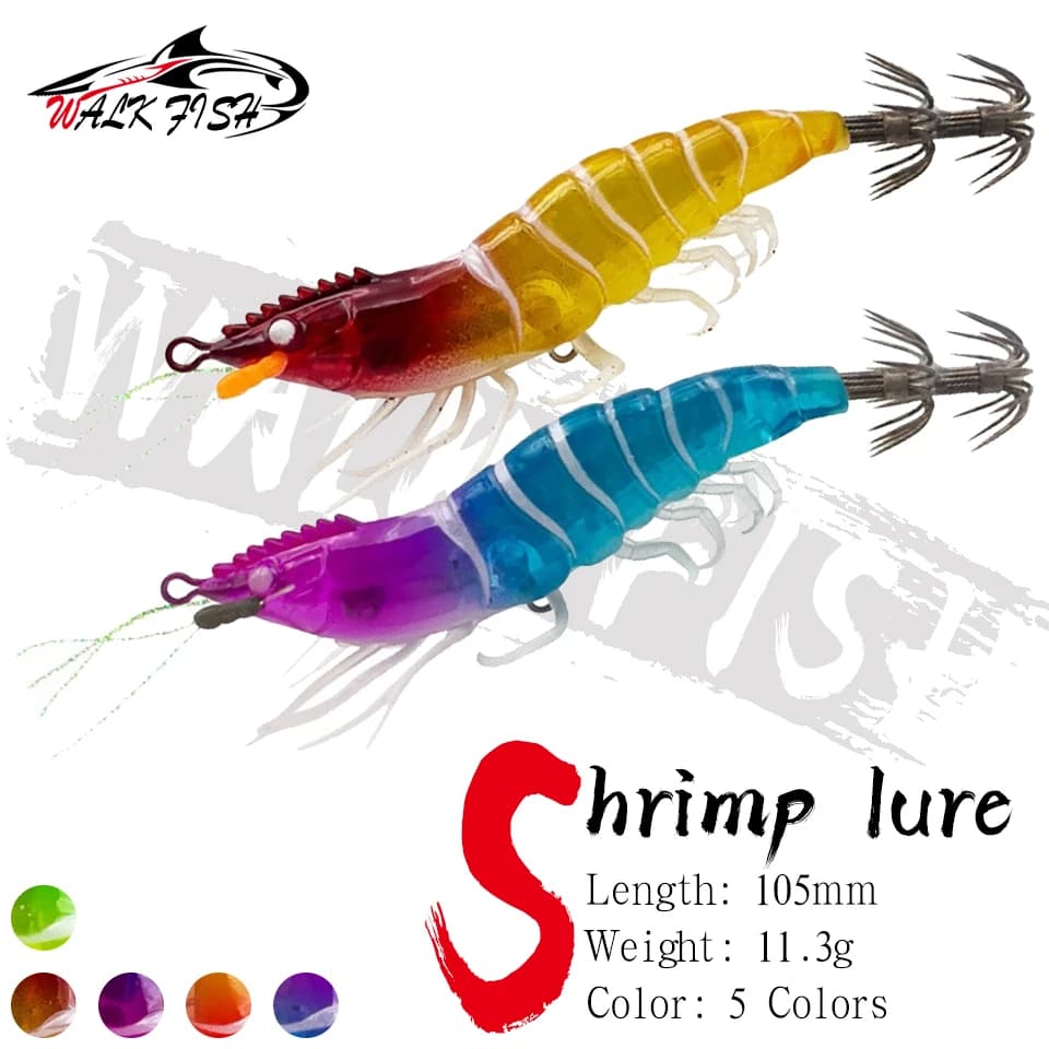 WALK FISH 3 Pezzi Esche Artificiali a Forma di Gambero 105mm 11.3g, Jig per Calamari Luminoso a Lento Affondamento Orizzontale, Esche in Legno per Gamberi, Polpi e Seppie per la Pesca