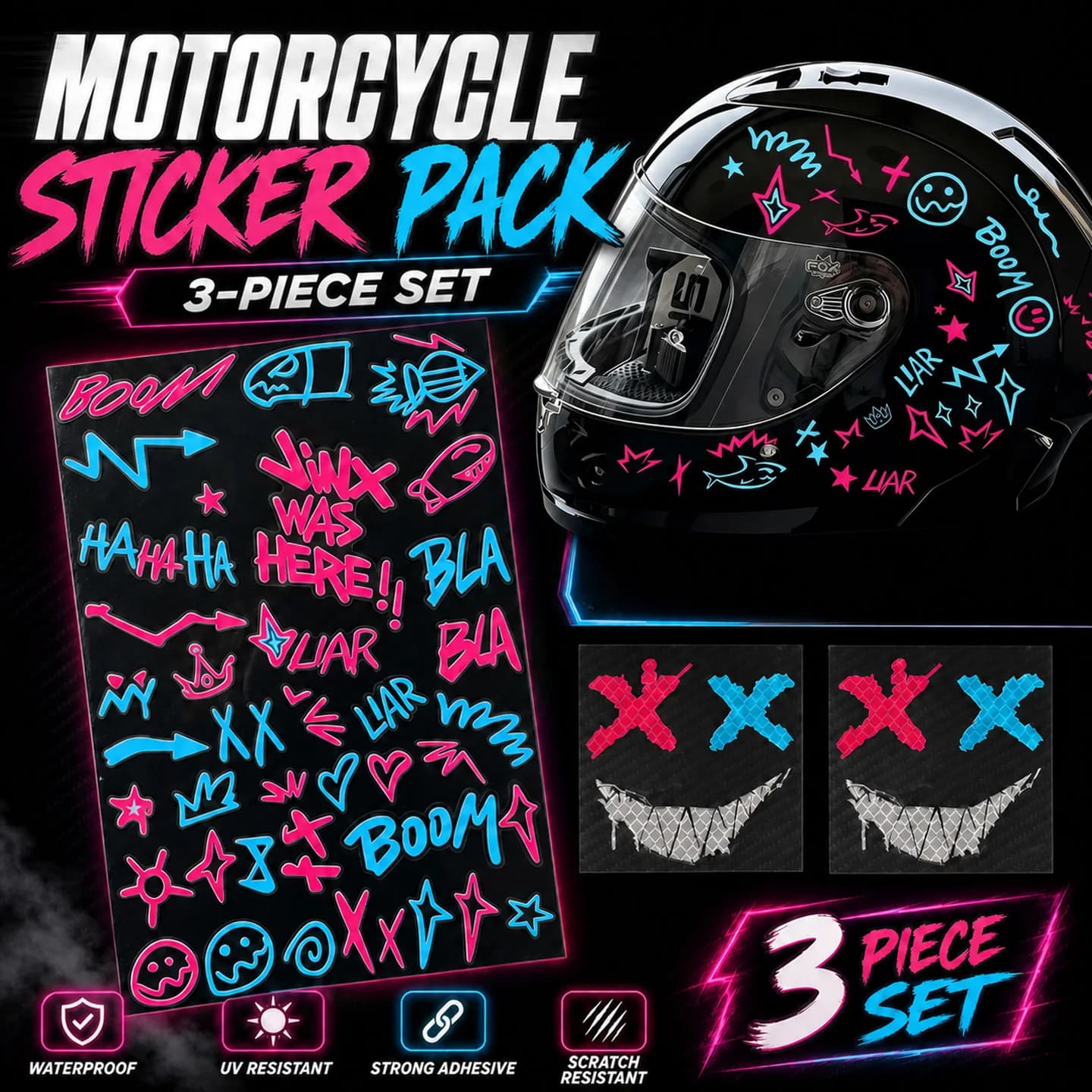 3PCS DIY Graffiti Motorcycle Decor Stickers Moto Bike Scooter Body Fuel Tank Helmet Top Case Vinyl Accessories Decals Waterptoof