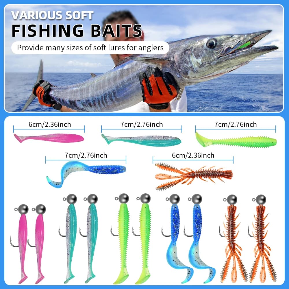 Fishing jig hooks with soft baits Silicone jig bait kit for bass, trout, pike in storage box for winter fishing